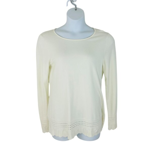 41 Hawthorn Women's Size L Long Sleeve Pointelle Knit Scallop Edge Ivory Sweater - Picture 1 of 7